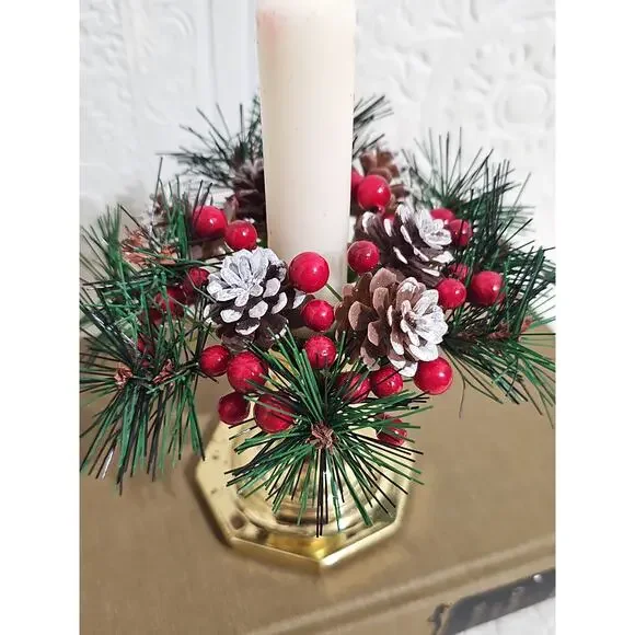 Christmas Candle Ring Faux Wreath Pinecone Red Berries Ralph Lauren Christmas - Picture 8 of 8